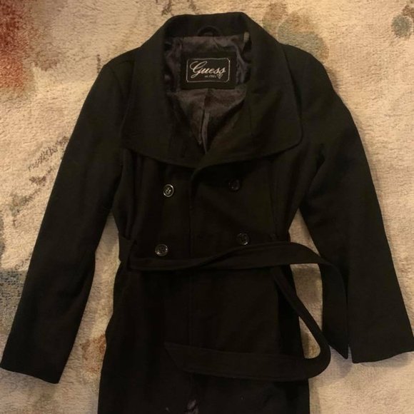 Wool-blend Black Pea Coat with Belt - Picture 2 of 7